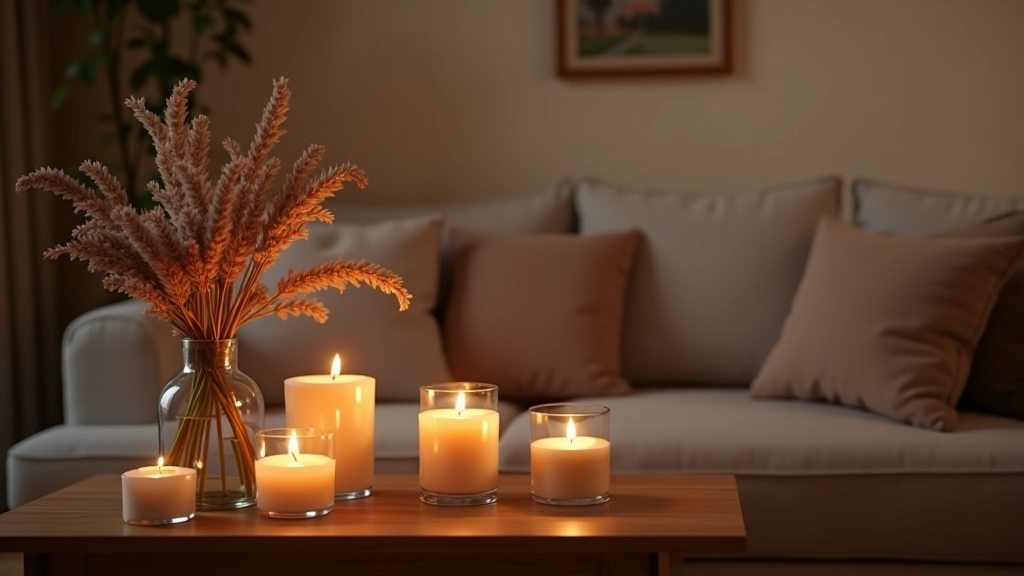 Cozy apartment interior with carefully styled throw pillows, candles, and vases creating warm atmosphere in rental space