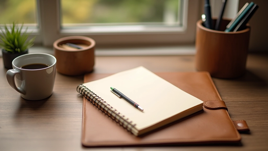 Modern student workspace with premium stationery, organized desk setup with pens and notebooks, natural window lighting, flat lay composition