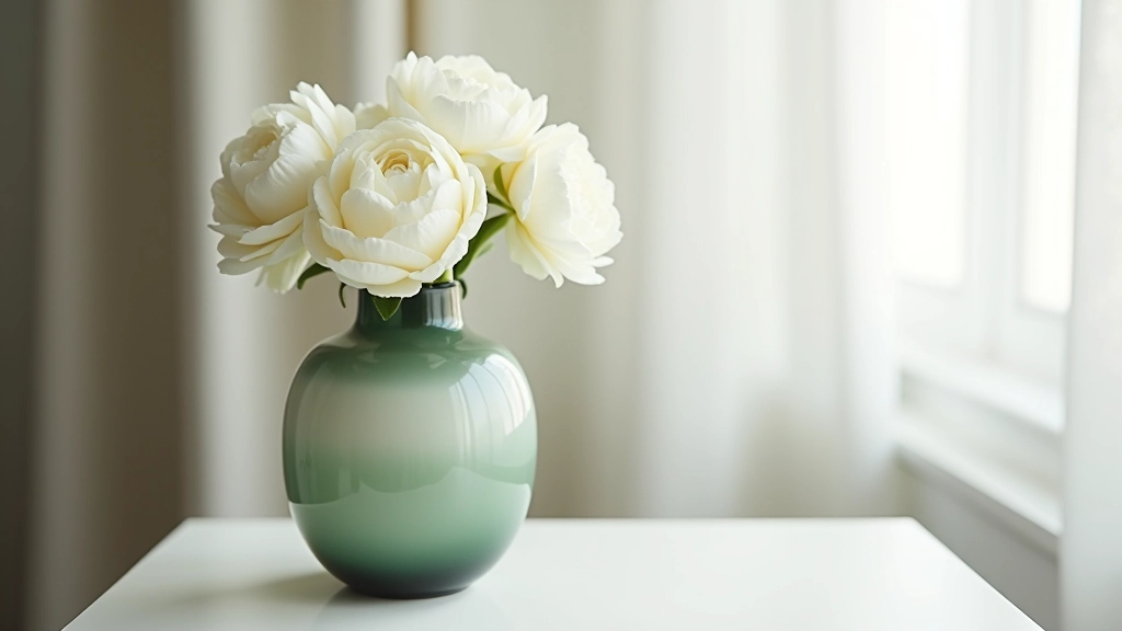 Gradient Glass Vase in smoke to sage color transitioning from dark gray to soft green, displayed with fresh flowers in modern apartment