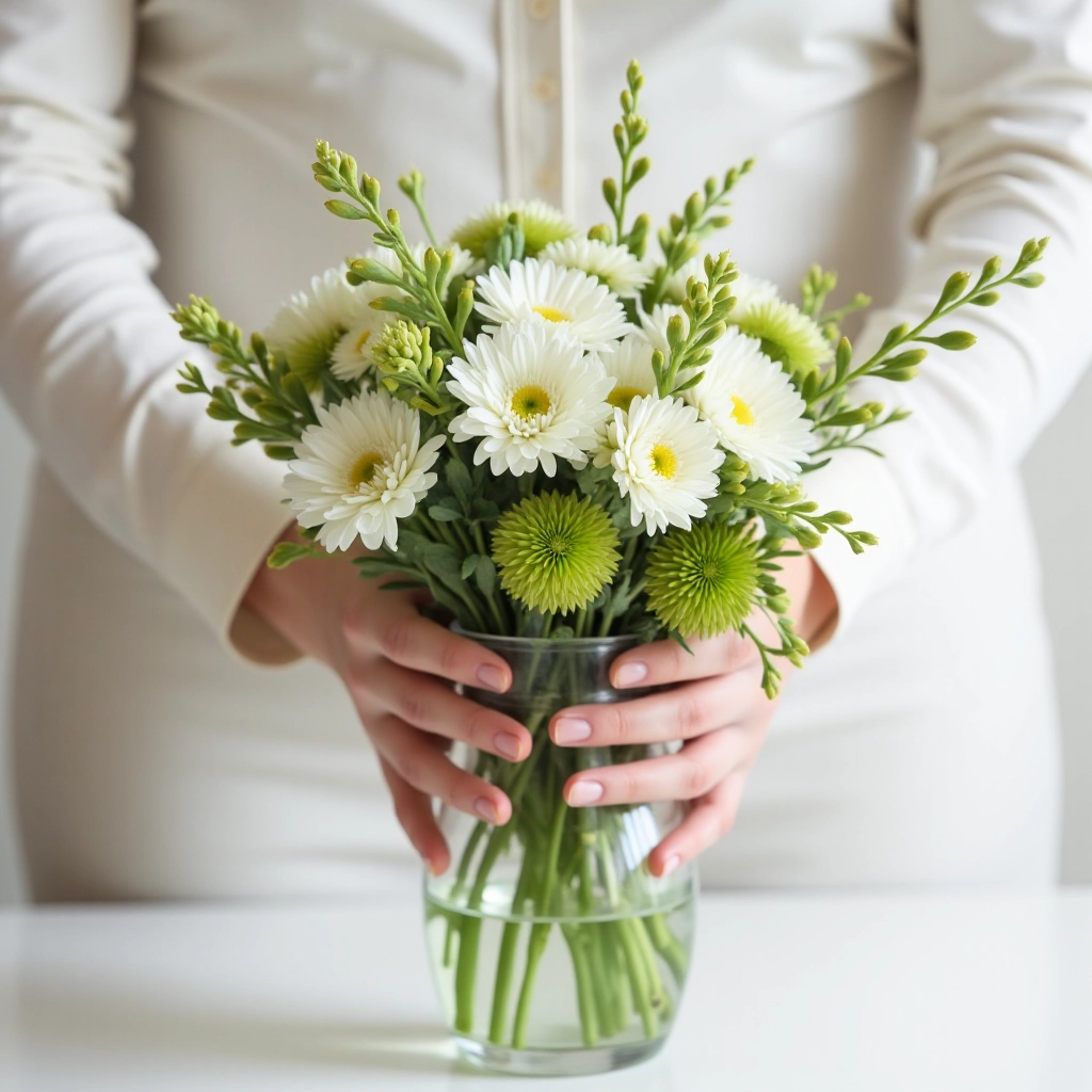 Hands arranging fresh white and green flowers in gradient glass vase, close-up detail showing stem placement and vase interior, natural light
