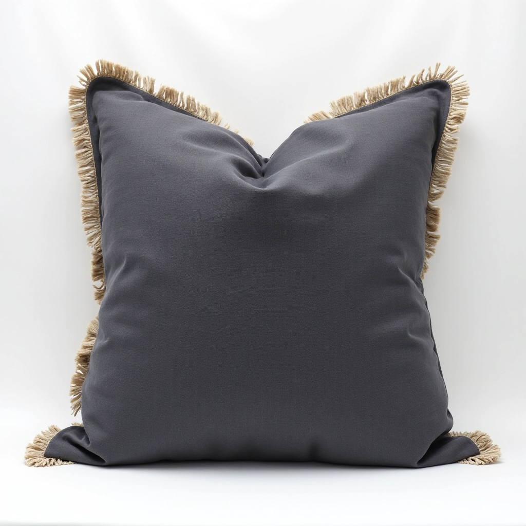 Oversized linen throw pillow in charcoal gray with traditional linen fringe detailing, folded on white background, natural fiber texture