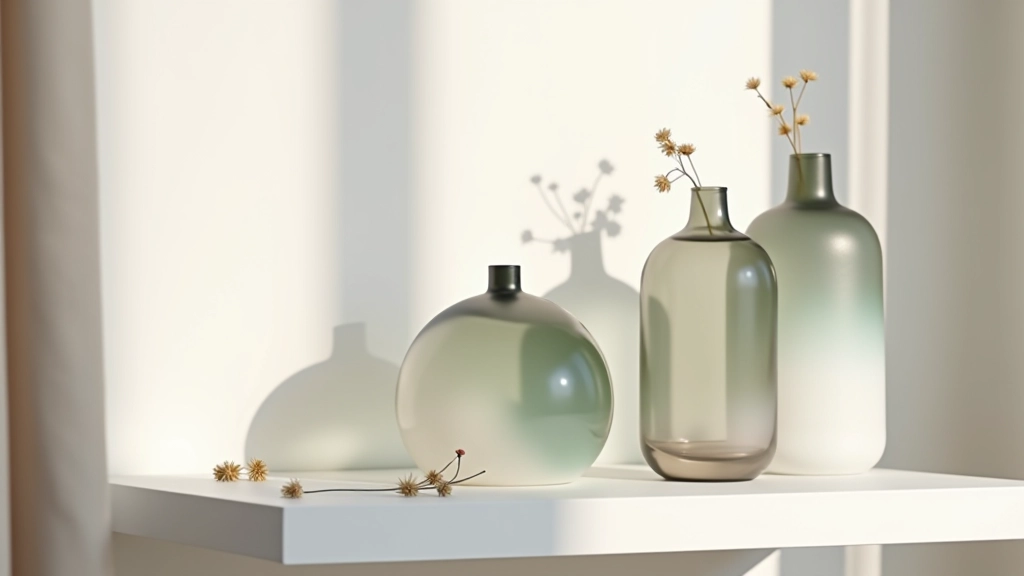 Gradient glass vases arranged on apartment shelving