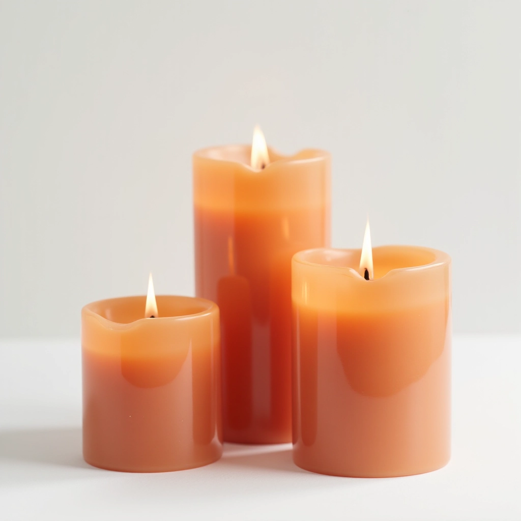 Three unscented pillar candles in warm terra cotta clay-inspired color, arranged on white surface, classic cylindrical design, natural lighting